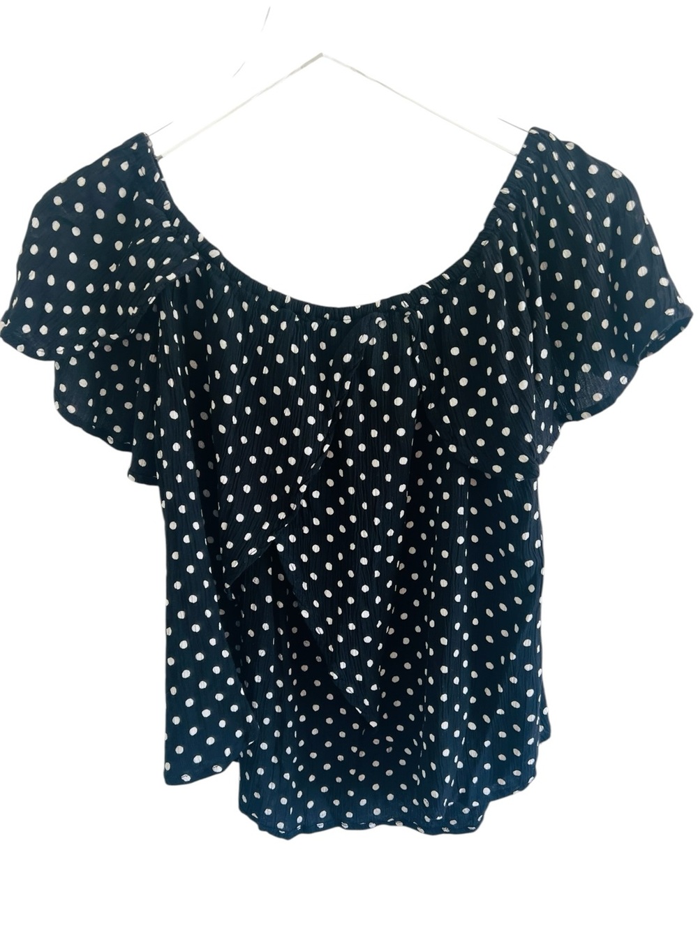 Romeo & Juliet Couture Black Polka Dot Off-Shoulder Ruffle Top